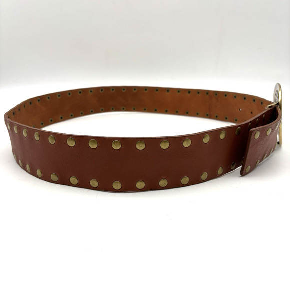 Vintage Y2K Calvin Klein 610664 Brown Studded Leather Brass Medallion Belt L 40\